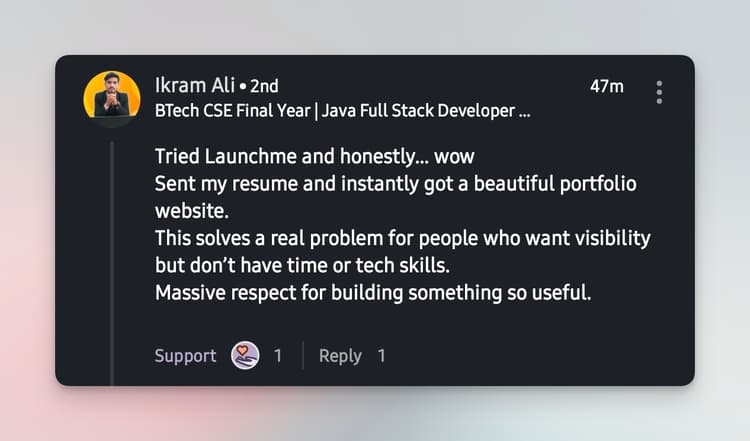 User testimonial from LinkedIn