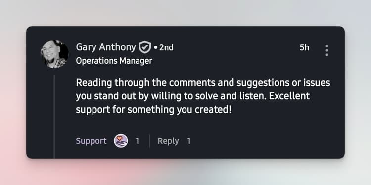 User testimonial from LinkedIn