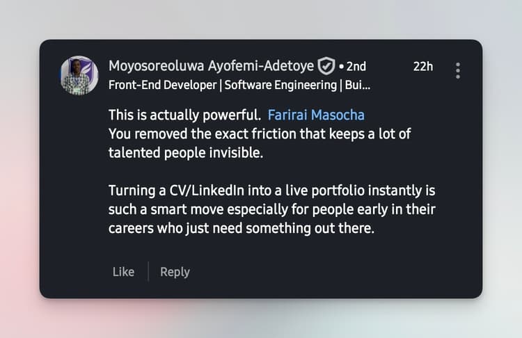 User testimonial from LinkedIn